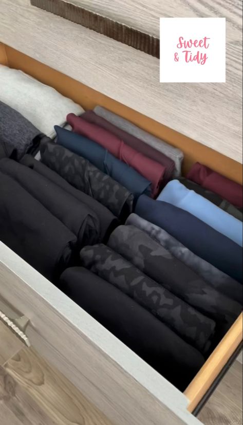 Folded leggings Organize Pants In Drawers, Organizing Pajama Drawer, Fold Pants In Drawers, Yoga Pant Organization, Drawer Organization For Clothes, Deep Clothes Drawer Organization, Leggings Organization Drawer, How To Store Leggings In Drawer, Legging Organization Ideas Closet