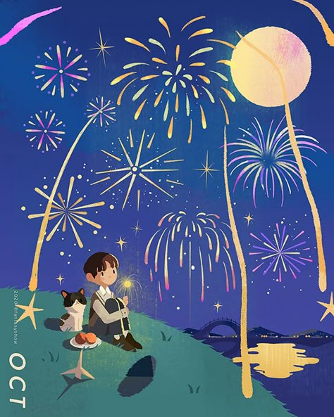 How To Draw Fireworks, 30 Day Art Challenge, Fireworks Art, Christmas Card Illustration, Fireworks Festival, Fireworks Design, New Year Illustration, Ghibli Art, A Silent Voice