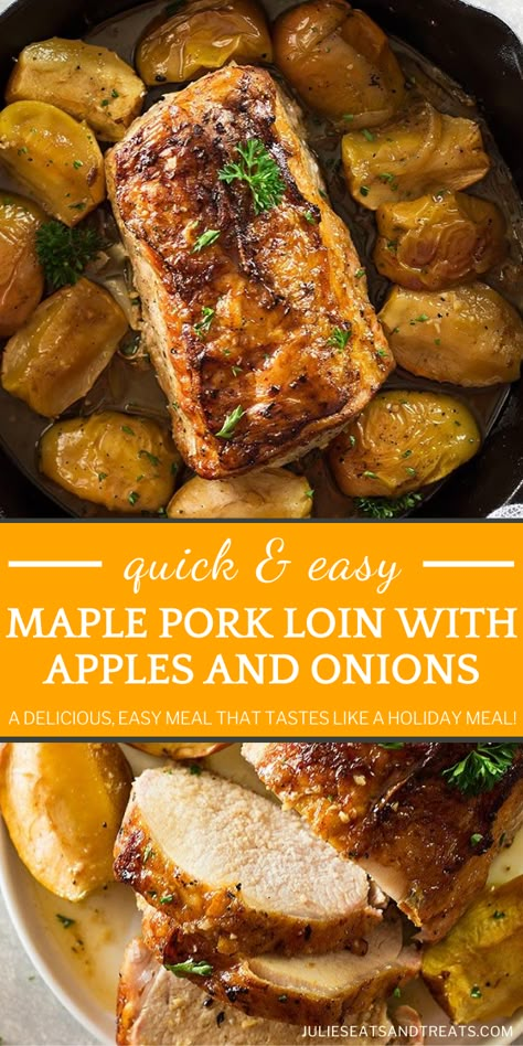 Roasted Pork Loin With Apples, Apple Roasted Pork Loin, Butterfly Pork Loin Recipes, Full Pork Loin Recipes, Pork Loin Apples Onions, Pork Loin Thanksgiving, Apple Pork Loin Recipes, Pork Loin And Apple Recipes, Pork Loin Recipes With Apples