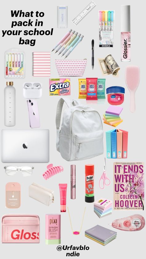 @urfavblondie What to pack in your school bag || #outfitinspo #beauty #preppy #fyp #school School Shuffles, Preppy School Bag, Middle School Supplies, Middle School Essentials, School Emergency Kit, School Backpack Essentials, Preppy School Supplies, Back To School Bag, Everyday Bag Essentials