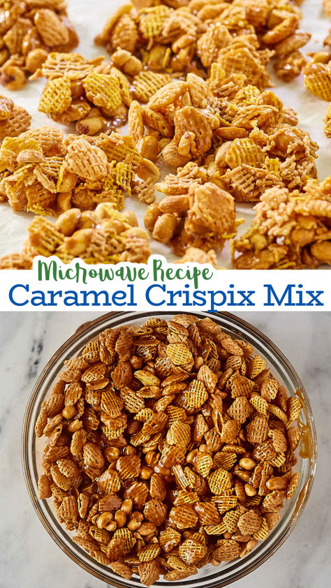 This caramel Crispix mix features peanuts and cereal in a crispy caramel coating. It is kind of like caramel corn, but made with cereal instead of popcorn. This microwave recipe makes getting that crispy finish even faster and easier. You have to try this fun sweet and salty snack. Recipes Using Crispix Cereal, Popcorn Chex Mix Caramel Corn, Carmel Crispix Microwave, Cereal Snack Mix Recipes, Caramel Crispix Recipe, Chex Cereal Recipes, Chex Cereal Bars, Crispix Cereal, Microwave Caramels