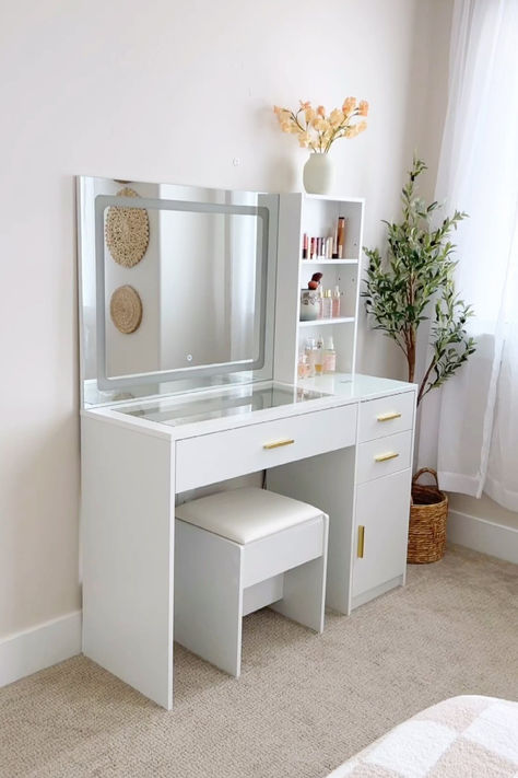 Get chic with this beautiful white dresser. Shop with code PIN15 to save extra 15% off Desk And Vanity In One, Girls Dresser Decor, Vanity Desk Bedroom, Makeup Room Design, Makeup Dresser, White Vanity Desk, Bedroom Vanity Set, Modern Vanity Table, Room Wishlist