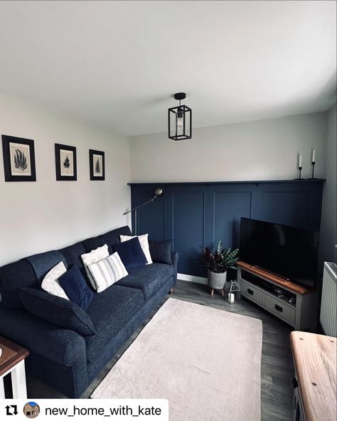 @new_home_with_kate turned their cosy living room into a chic and modern space with some stunning wall panelling! This space has been completely transformed with our bespoke shaker-style panelling kit with beading, painted in a bold navy blue: Ammonite by Farrow and Ball Navy Blue Panelling Living Room, Navy Blue Panelling, Half Painted Wall, Shaker Wall Panelling, Blue Panelling, Half Painted Walls, Shaker Wall, Cosy Living, Wall Panelling