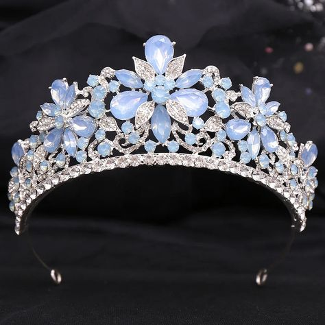 46677110292713 Blue Tiara Wedding, Light Blue Quince Crown, Blue Butterfly Quinceanera Theme Crown, Opal Tiara, Silver Crown With Blue Jewels, Crown With Blue Jewels, Blue Tiara, Opal Crown, Beautiful Crowns