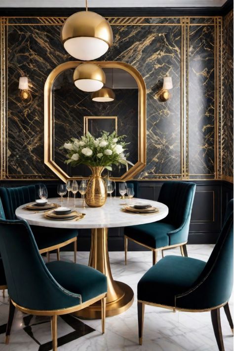 Glamorous art deco dining room with gold geometric wallpaper Art Deco Breakfast Nook, Art Deco Dining Room Interior Design, Modern Art Deco Dining Room, Dining Room Art Deco, Art Deco Interior 1920s, Glamorous Dining Room, Black Geometric Wallpaper, Deco Dining Room, Art Deco Restaurant