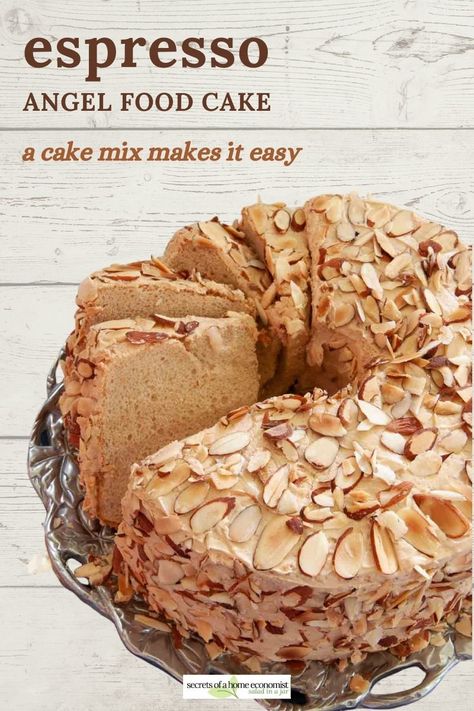 Use an angel food cake mix and instant espresso to make this decadent dessert. So easy! Angel Food And Cake Mix Mug Cake, Coffee Angel Food Cake, Chocolate Angel Food Cake Mix Recipes, Angel Food Cake Box Recipes, Decorate Angel Food Cake, Angel Food Cake Flavors, Flavored Angel Food Cake Recipes, Box Angel Food Cake Recipes Ideas, Boxed Angel Food Cake Hacks