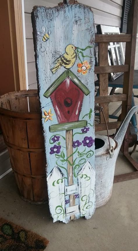 Painted Slate Ideas, Front Porch Signs Wooden Diy Spring, Painted Welcome Signs On Wood, Fence Art Painting, Barn Board Crafts, Painting On Wooden Board, Barn Wood Art, Wood Plank Art, Spring Wood Crafts