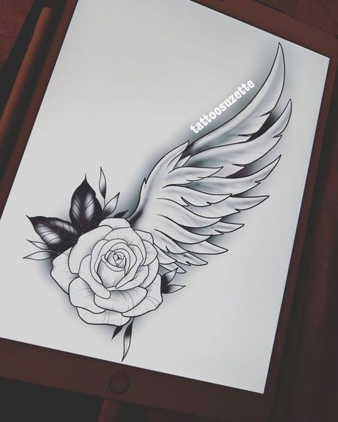 wing rose tattoo design | Rose tattoos for women, Sleeve tattoos, Memorial tattoo designs|#tattoo #handtattoo #tattoos #rosetattoo #tattoorose 1078 Simple Tattoo Designs For Women, Tattoos For Women Sleeve, For Women Tattoo Design, Tattoos Memorial, Tattoos For Dad Memorial, Alas Tattoo, Memorial Tattoo Designs, Rose Drawing Tattoo, Tattoos Infinity