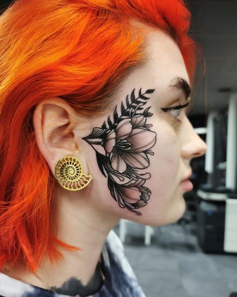 Sideburn Tattoo, Cheek Tattoo, Flower Tats, Face Tats, Rip Tattoo, Aztec Empire, Tattoo Face, Boho Tattoos, Stretched Lobes