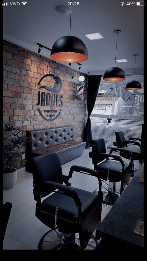 Barber Shop Lighting Ideas, Upscale Barbershop, Barbershop Design Interior Ideas, Barber Studio Ideas, Modern Barber Shop Interior, Barber Shop Ideas, Barber Interior Design, Barber Shop Interior Design, Barber Shop Design