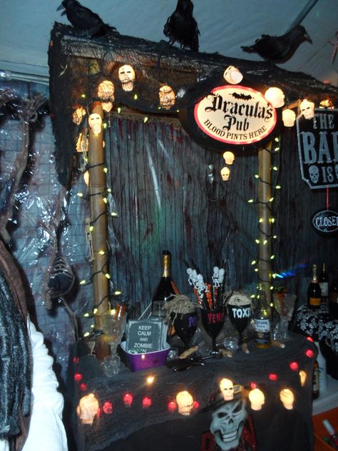 Halloween bar. Turned a tiki bar into dracula's bar. Vampire Haunted House, Halloween Tiki Bar, Dracula Themed Halloween Party, Haunted Luau, Dracula Party, Halloween Bar Decor, Spooky Bar, Pumpkin Walk, Summerween Party