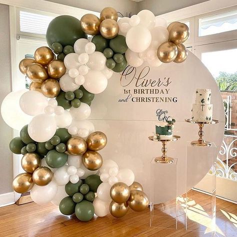 Light Green Balloon Garland, Sage Gold And White Birthday, Sage Green Gold And White Balloon Decor, Sage White And Gold Balloon Arch, Sage Green White And Gold Balloons, Green White And Gold Balloon Arch, Woodland Balloon Decorations, Greenery Balloon Garland, 16 Birthday Party Ideas Sage Green