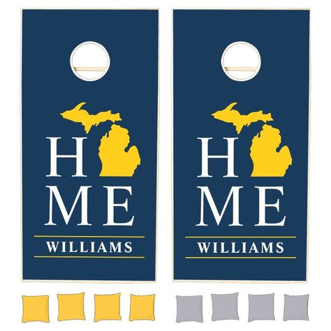 Michigan Home Blue and Maize Custom Monogram Cornhole Set  Zazzle Home Typography, Silhouette Family, Cornhole Boards Designs, Maize And Blue, Cornhole Game, Family Monogram, Corn Hole Game, Corn Hole, Cornhole Bags