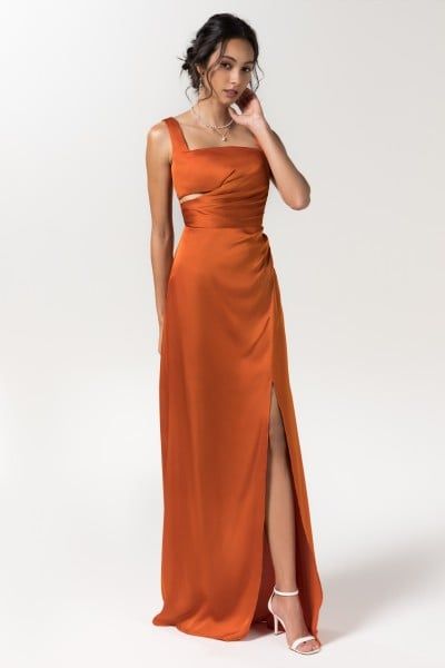 Terracotta Bridesmaids Dresses | Cocomelody Orange Bridesmaid Dresses Silk, Terracotta Bridesmaid Dresses, Bridesmaid Dresses Unique, Satin Bridesmaids Gowns, Terracotta Bridesmaid, Orange Satin Dress, Satin Dress Outfit, Highlights Natural, Casual Wedding Guest Dresses