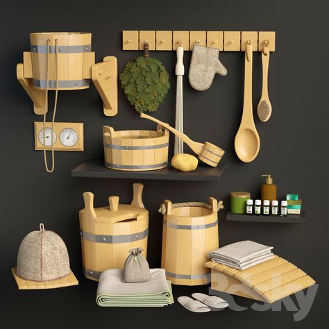 3d models: Bathroom accessories - Set for sauna Sauna Accessories Ideas, Tiny Home Bathrooms, Home Spa Room, Toilet Art, Sauna Accessories, Cool Tree Houses, Finnish Sauna, Sauna Design, Aesthetic Bathroom