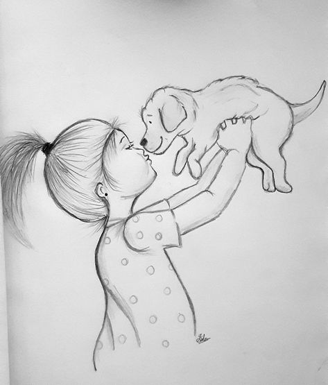 Cute girl with puppy Girl With Dog Drawing, Mehandi Drawing, Dog Pencil Sketch, Magazine Drawing, Dog Pencil Drawing, Pencil Sketches Easy, Nature Art Drawings, Pencil Sketch Images, Puppy Art