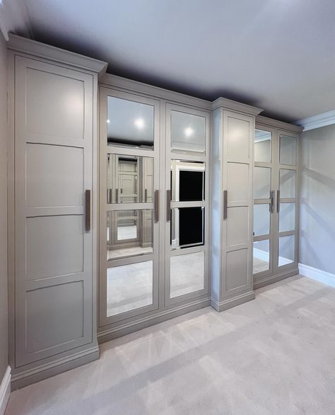 Dressing room goals? A recent walk through dressing room we designed, made and installed at our Newmarket project. The @hendelandhendel handles really finish this one off 😍 We also worked on the vanity in the en suite this impressive space leads to, which we can’t wait to share. #dressingroom #fittedwardrobes #interiordesign #renovation #goals #homedesign #inspohome #suffolk Slaked Lime Dark, Little Greene French Grey, Grey Rooms, French Grey Paint, Slaked Lime, Dark Chocolate Color, Masonry Paint, Grey Paint, Grey Room