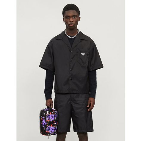 PRADA REGULAR-FIT NYLON SHIRT. #prada #cloth Black Shirt Outfit Men Streetwear, Prada Shirt Outfit, Prada Shirt Men, Prada Suit Men, Prada Outfit Men, Prada Streetwear, Prada Fits, Prada Summer, Prada Outfits