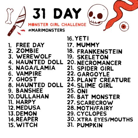 ♥ mari on Twitter: "here’s my prompt list for #inktober2020 we’re doing Halloween monster girls 👻🎃 If you want to join in, use hashtag #mariMonsters I’ll share my favs!… https://t.co/d1K7zyrkrr" 30 Day Art Challenge, 30 Day Drawing Challenge, Haunted Doll, Prompt List, Art Style Challenge, Oc Challenge, Drawing Ideas List, Monster Girls, Art Advice