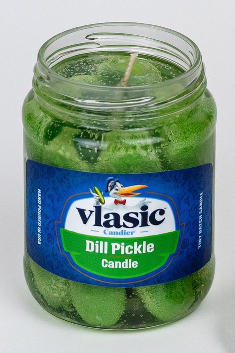 While it may look like a real jar of Vlasic Dill Pickles at first glance, the flaming wick on top gives it away as a candle that smells just like dill pickles. Canning Pickles Recipe, Pickle Gifts, Vinyl Blanks, Dill Pickles, Real Christmas, Weird Food, Dill Pickle, Dr Pepper, Christmas Wishlist