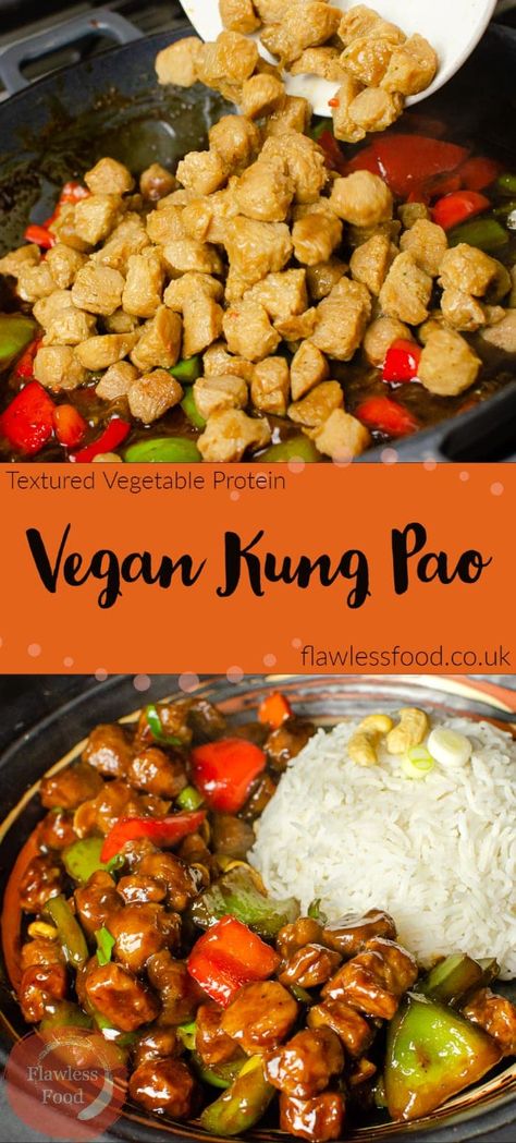 This quick and easy dinner is the best vegan option when it comes to Chinese takeaway style food. We show you how to make this fancy 30 minute recipe at home.Textured Vegetable Protein Chunks are added to stir fry vegetables and the best homemade Kung Pao Sauce. This Vegan Kung Pao, is a great quick recipe idea for TVP also know as Textured Soy Protein (TSP), Soy Meat or Soy chunks is a vegan-friendly product created from soya. It has high protein comparable to meat. Vegan Kung Pao, Soy Chunks, Kung Pao Sauce, Soya Chunks Recipe, Tvp Recipes, Textured Vegetable Protein, Chinese Meals, Stir Fry Vegetables, Soy Meat