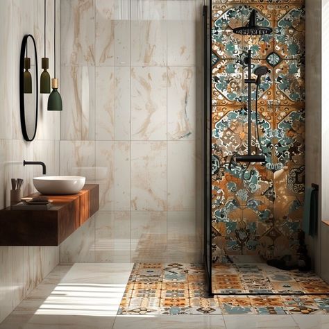 16 Boho Chic Shower Tile Inspirations to Transform Your Morning Ritual - Home Made Graceful Spanish House Decor, Spanish Tile Bathroom, Mediterranean Spanish Style Homes, Bohemian Bathroom Ideas, Shower Step, Spanish Bathroom, Entrance Stairs, Flip Houses, Accessible Bathroom Design