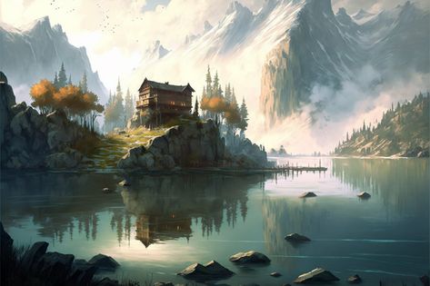 ArtStation - Lake Town Concepts, James B Lake Town Concept Art, Lake Village Fantasy Art, Fantasy Lake Town, Fantasy Lake Art, Lake Fantasy Art, Lake Concept Art, Fantasy Lake, Lake Town, Dnd Backgrounds