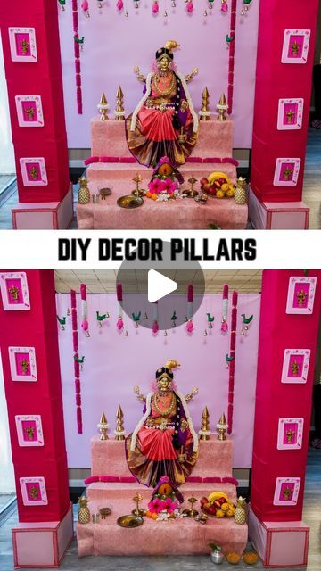 Lakshmi Decoration At Home, Diwali Decorations Ideas, Ganapati Decorations, Vishnu Priya, Lakshmi Puja, Ganapati Decoration, Stage Decoration, Stage Decorations, Festive Decor