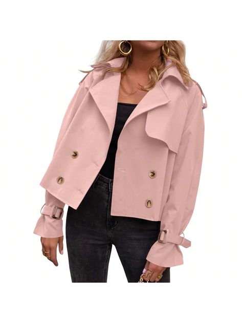 Womens Cropped Trench Coat Double Breasted Lapel Long Sleeve Short Jacket Fashion Outerwear Pink Casual  Long Sleeve  Plain    Women Clothing, size features are:Bust: ,Length: ,Sleeve Length: Cropped Trench Coat, Fashion Outerwear, Basic T Shirts, Office Outdoor, Early Winter, Jacket Fashion, Trench Coats Women, Vintage Casual, Short Jacket