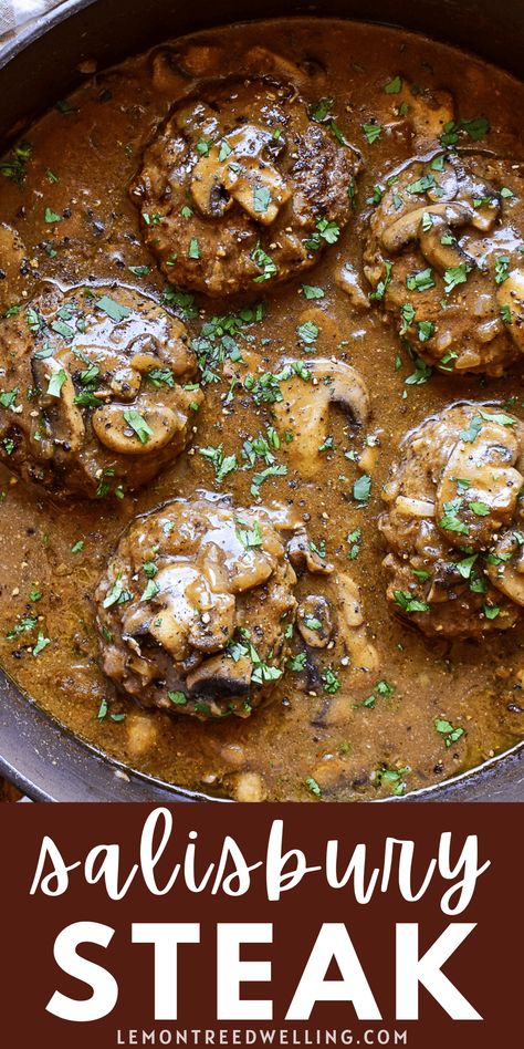 Homemade Salisbury Steak in a rich, savory mushroom gravy. This easy recipe is always a family favorite... and ready in 30 minutes or less! Bobby Flay Salisbury Steak Recipe, Sausburry Steak, Sulsbarry Steak, Salisbury Steak Recipe Easy Oven, Salisbury Steak Recipe Easy, Best Salisbury Steak Recipe, Parmesan Roasted Green Beans, Homemade Salisbury Steak, Brown Gravy Recipe