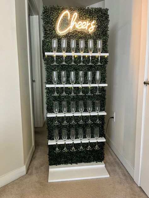 Diy Drink Wall Wedding, Drink Wall Seating Chart, To Us Champagne Wall, Champagne Wall Sign, Champagne Wall Neon Sign, Diy Backdrop Stand, Party Rental Ideas, Diy Bar Cart, Cheer Signs