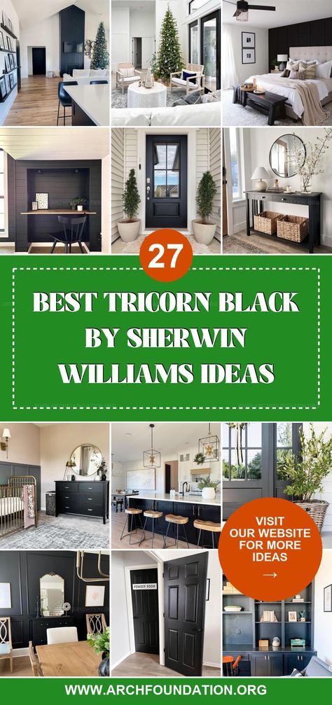 Tricorn Black by Sherwin Williams creates a bold, elegant statement in your home. Explore places where this deep, dramatic color can add style and contrast. What Colors Go With Tricorn Black, Black Fox Sherwin Williams Coordinating Colors, Tricon Black Sherwin Williams, Tricorn Black Furniture, Tricorn Black Vs Caviar, Tricorn Black Fireplace, Tricorn Black Cabinets, Tricorn Black Accent Wall, Tricorn Black Color Palette