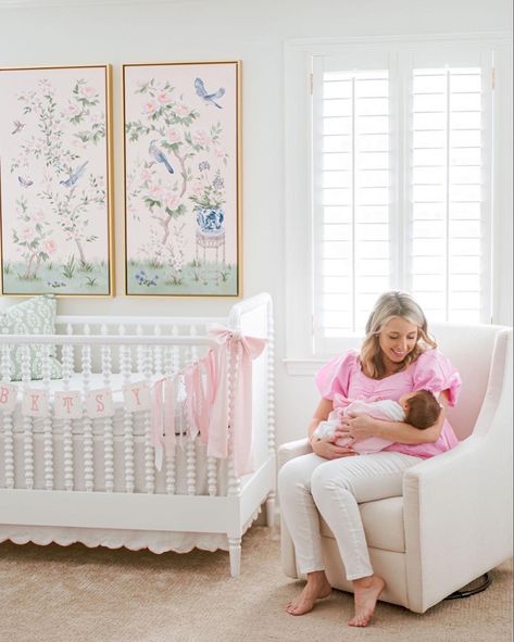 Pink Chinoiserie Nursery, Grandmillineal Nursery, Pink Nursery Chair, Blue Green Pink Nursery, Pink Chinoiserie Bedroom, Baby Girl Nursery Pink And Blue, Pink Preppy Nursery, Traditional Pink Nursery, Caitlin Wilson Nursery