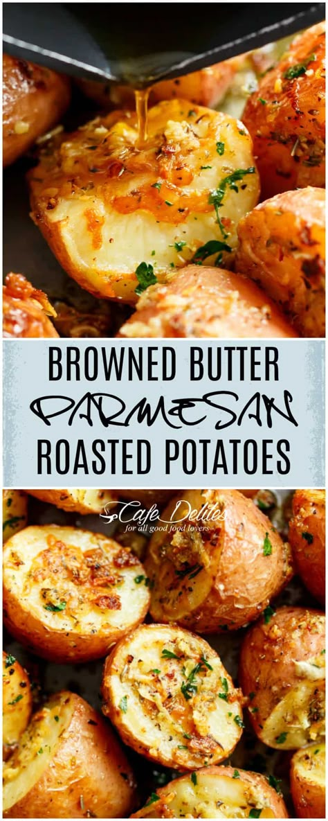 Herbs, garlic, and parmesan cheese are roasted together to make the best Crispy Browned Butter Parmesan Roasted Potatoes! Perfect with ANYTHING! Cheesy Ranch, Parmesan Roasted Potatoes, Ranch Potatoes, Cafe Delites, Browned Butter, Potato Recipe, Potato Side Dishes, Goulash, Potato Dishes