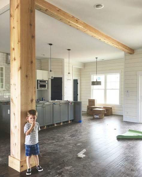 support beams wrapped in cedar...this picture spoke to me...perhaps because of the little boy, but feels like the open we are hoping to achieve Kitchen Island With Columns, Finish Basement Ceiling, Small Basement Remodeling, Small Basement Remodel, Basement Lighting, Load Bearing Wall, Small Basements, Basement Ceiling, Decor Ikea