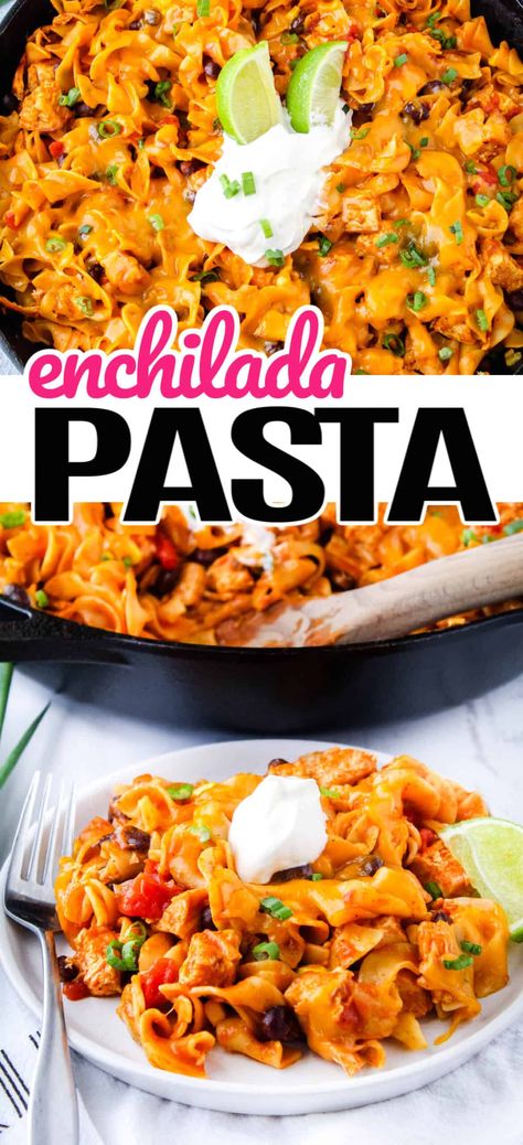 Enchilada Pasta is a quick one-pot dish your family will love! This Mexican-inspired pasta is loaded with corn, black beans, and egg noodles with a touch of spice! #RealHousemoms #enchilada #pasta #onepotmeal #eggnoodles #texmex #easydinner Recipes Using Egg Noodles, Beef Enchilada Pasta, Egg Noodle Dishes, Rotisserie Chicken Enchiladas, Lasagna Dinner, Chicken Enchilada Pasta, Chicken And Egg Noodles, Crockpot Chicken Enchiladas, Mexican Pasta