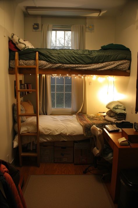 Cozy dorm room with a bunk bed, small desk, and fairy lights decorating the lower bed area. Dorm Room Ideas Organization Life Hacks, Dorm Stuff, Life Hacks Organization, Over The Door Organizer, Dorm Room Hacks, Dorm Room Storage, College Living, Room Hacks, Dorm Room Designs