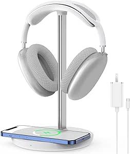 Headphone Stand with Wireless Charger, Gaming Headset Holder Hanger Rack 2 IN 1 Wireless Charging Station Dock for iPhone 15/14/13/12/11 Series, Samsung, AirPods Pro/3/2 and Desk All Headphones, White Samsung Airpods, Realistic Wishlist, Headphones Stand, Dorm Aesthetic, Headphones White, Headset Holder, Wireless Charging Station, Headphone Stand, Headphone Holder