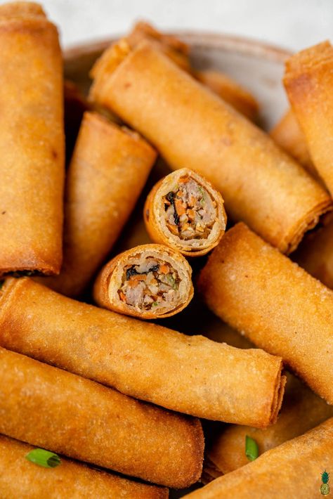 Learn how to make the perfect vegan lumpiang shanghai aka Filipino Spring Rolls. It has the same exact taste and texture as the authentic recipe, but it is made with 100% plant-based ingredients. #filipino #plantbased #lumpia #lumpiangshanghai #springrolls #impossiblefoods #snack #appetizer #fried Beef In Air Fryer, Filipino Spring Rolls, Vegan Filipino, Lumpiang Shanghai, Filipino Snacks, Vegan Ground Beef, Birth Pictures, Spring Roll Wrappers, Wonton Wrappers