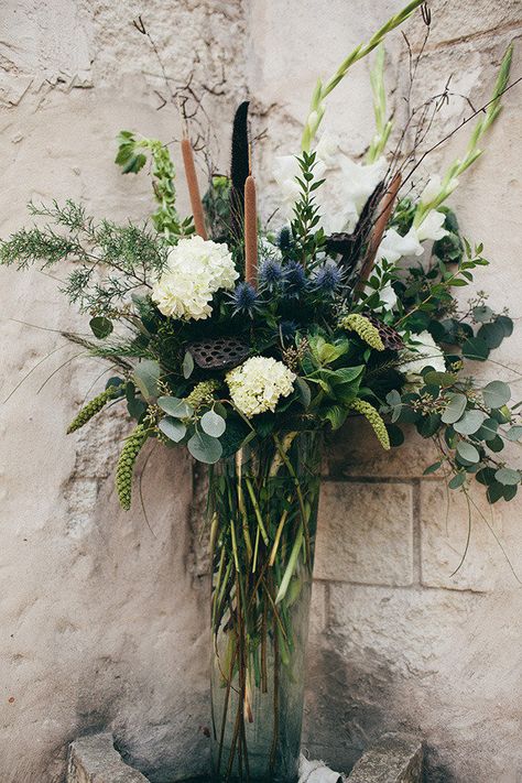 Cat Tail Arrangements, Cattail Flower Arrangement, Cattails Photography, Cattail Centerpieces, Cattail Bouquet, Rustic Elegant Wedding Centerpieces, Male Flowers, Graduation Reception, Blue Hydrangea Wedding