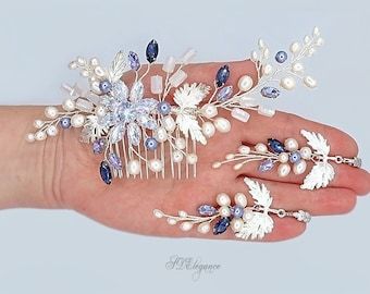 Blue Hair Piece, Diamond Headpiece, Wedding Something Blue, Pearl Headpiece Wedding, Pearl Hair Comb, Tiara Headpieces, Silver Hair Comb, Makeup Images, Hair Brooch