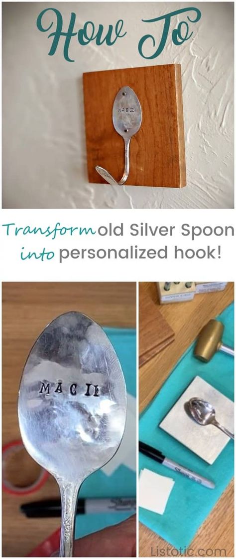 : Try this silver spoon hook diy spoon craft today! Transform any antique silver spoon into a personalized stamped hook. Upcycle your grandparents old silver and pass down the family heirloom to your kids and grandkids. #silverspoonhooks #silverspooncraftsdiy #silver spoon jewelry #teaspoon craft #stampedvintagespoons #familyheirlooms #upcylesilverspoons Spoon Hooks, Diy Projects For Adults, Spoon Craft, Diy Crafts Vintage, Sell Easy, Diy Jewelry To Sell, Spoon Crafts, Crafts For Teens To Make, Crafts For Adults