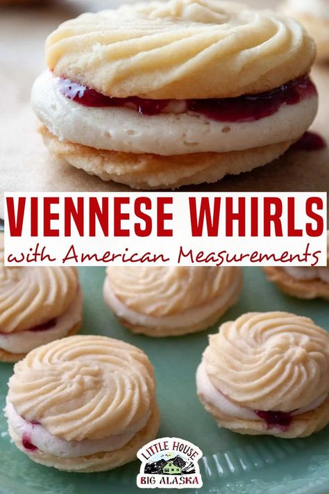 Meet Viennese Whirls! The cookies you didn’t know you needed, well I guess you do now. Viennese Whirls are piped butter cookies sandwiched together with buttercream and raspberry jam. One bite and you’ll be hooked on them. | @LttlHouseBigAK #VienneseWhirls #gbbo #VienneseCookies #christmascookies #christmasbaking Viennese Cookies, Viennese Biscuits, British Baking Show Recipes, Viennese Whirls, British Cooking, Austrian Recipes, Jam Cookies, Raspberry Recipes, British Baking