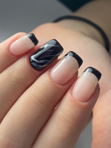 Marble Nail French Tip, Square Mid Length Nails, Black Marble French Tip Nails, Smol Nails, Mid Length Nail Designs, Black Marble Nail Designs, Black French Tip Nails Square, 60 Nails, Mid Length Nails