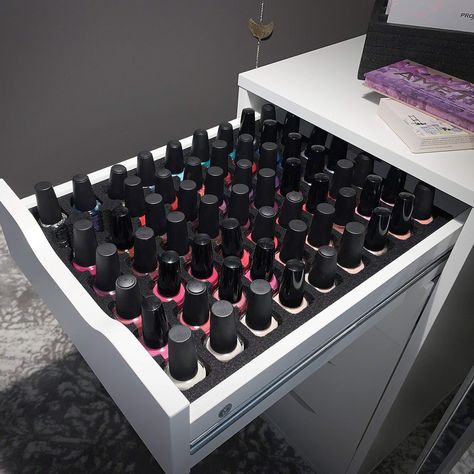 PRICES MAY VARY. Control the nail polish chaos in your home, bedroom, bathroom or office drawer with the premium Polar Whale Drawer Nail Polish Organizer. Includes 1 black high density foam drawer organizer (with 63 deep compartments). Make optimal use of your precious drawer storage space, and keep your frequently used nail polish bottles or other cosmetics neat, organized and all within easy reach. Designed to be specifically compatible with IKEA Alex drawers (it's a perfect fit!), but also fi Nail Organization, Nail Room Ideas, Ikea Alex Drawers, Nail Desk, Ikea Alex, Home Nail Salon, Nail Salon Decor, Nail Polish Storage, Nail Polish Organizer