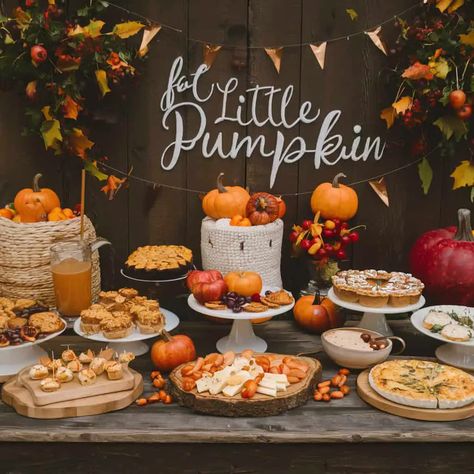 10 Fall Baby Shower Ideas to Celebrate Your Little Pumpkin! - Fabricerie Fall Baby Shower For Girls Themes, Baby Shower Ideas For Girls Themes Fall, Vintage Fall Baby Shower Ideas, Harvest Baby Shower Theme, Pumpkin Shower Ideas, Autumnal Baby Shower Ideas, Rustic Fall Baby Shower Ideas, Pumpkin Themed Baby Shower Ideas Food, Fall Baby Shower Main Table