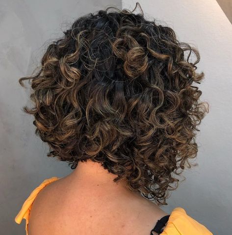 Curly A-line Bob on Dark Hair Curly Hair Bobs Angled, Curly Stacked Bobs Medium, Inverted Curly Bob, Inverted Curly Bob Hairstyles, Stacked Bob Haircut Curly, Curly Inverted Bob Hairstyles, Asymmetrical Curly Bob, Inverted Bob Curly Hair, Curly Hair Bob Naturally