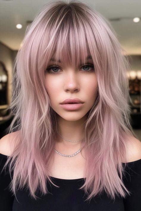 Dusty Rose Shaggy Haircut, Modern Brigitte Bardot Haircut, Brigitte Bardot Layered Haircut Light Rose Gold Hair Blonde, Brigitte Bardot Haircut, Cool Tone Pink Hair, Bardot Haircut, Blond Pink Hair, Textured Layered Hair, Medium Choppy Hair, Pink And Blonde Hair, Dusty Rose Hair