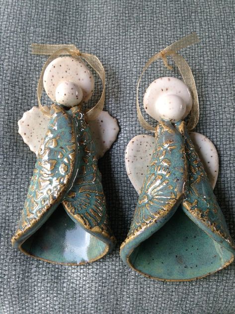 Pottery Angel Ornaments by Karen Lucid Handmade Ceramic Christmas Decorations, Clay Nativity, Holiday Pottery, Christmas Pottery, Clay Angel, Pottery Angels, Pottery Christmas, Clay Christmas Decorations, Teacher Projects