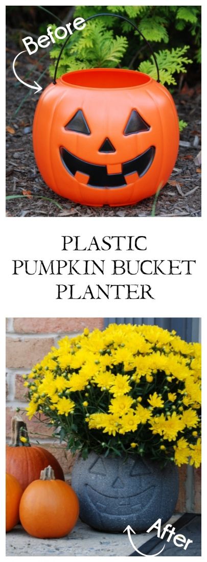 Turn a $1 plastic pumpkin bucket into an awesome stone-look planter with just some specialty spray paint! #31DaysofHalloween Thanksgiving Centrepiece, Halloween Pudding, Pumpkin Unicorn, Plastic Pumpkins Bucket, Flower Pumpkin, Kids Treats, Unicorn Pumpkin, Painting Pumpkin, Pumpkin Planter